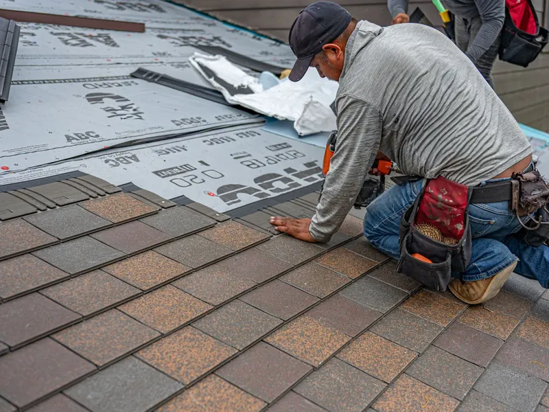 Roofer kneeling to fit new shingles over fresh underlayment